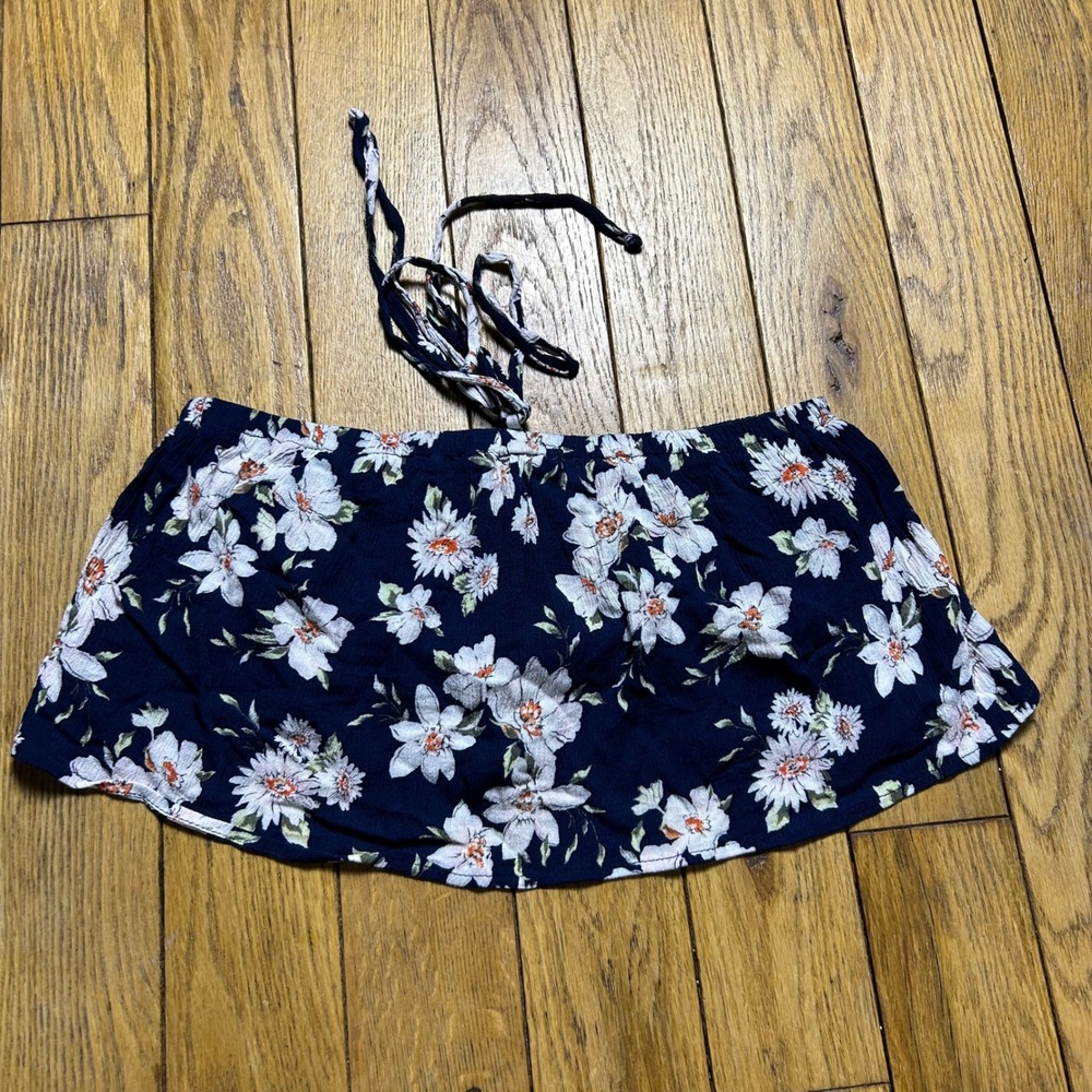 Forever 21 Navy Blue Floral Halter Tube‎ Top Flounce Crop Top Medium